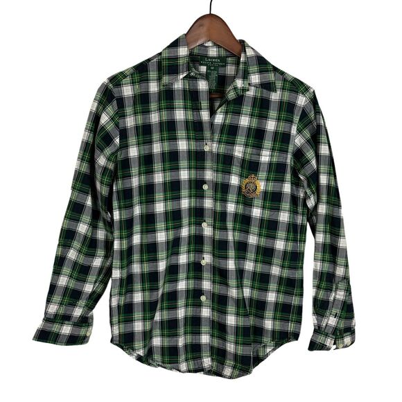 Lauren Ralph Lauren Women's Petite 4 Green Navy Plaid Button Down Emblem Shirt - Picture 1 of 5